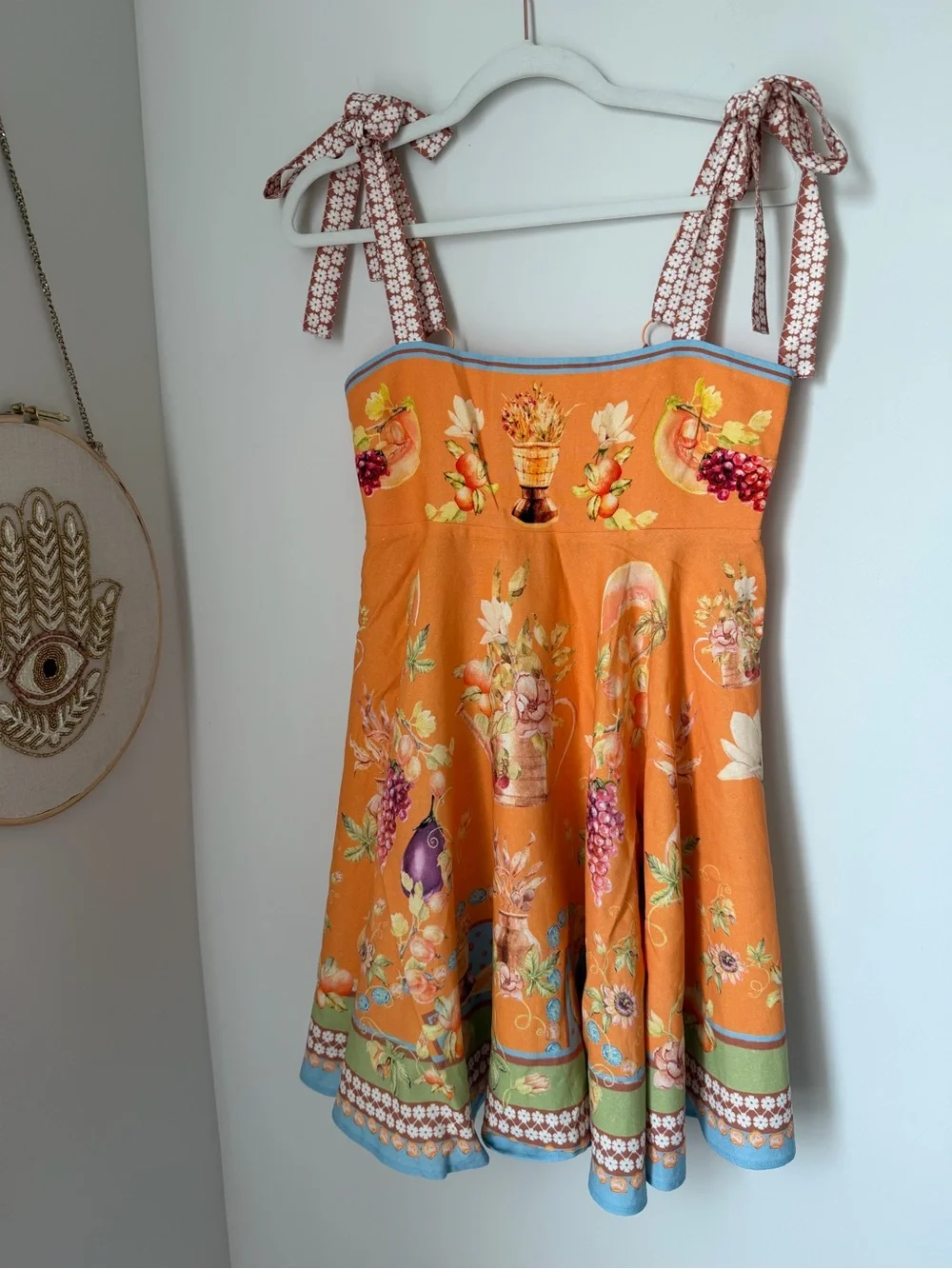 Orange Floral tropical fruit sleeveless tie strap linen blend Mini Dress - Picture 2 of 8